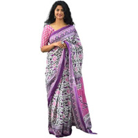 Kiaaron Womens Ikat Hand Block Print Jaipuri Cotton Mulmul Saree with Blouse Piece - Purple_103