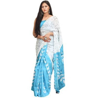 Kiaaron Womens Hand Block Kalamkari Batik Bagru Jaipuri Ikat Printed Handloom Pure Cotton Mulmul Traditional Ethnic Cotton Sarees With Printed Blouse Piece - White