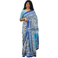Kiaaron Womens Ikat Hand Block Print Jaipuri Cotton Mulmul Saree with Blouse Piece - Blue_100