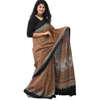 Kiaaron Womens Ikat Hand Block Print Jaipuri Cotton Mulmul Saree with Blouse Piece - Brown_429