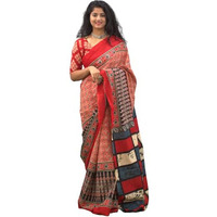 Kiaaron Womens Ikat Hand Block Print Jaipuri Cotton Mulmul Saree with Blouse Piece - Red_444