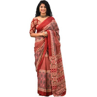 Kiaaron Womens Ikat Hand Block Print Jaipuri Cotton Mulmul Saree with Blouse Piece - Maroon_438