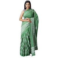 Kiaaron Womens Hand Block Kalamkari Batik Bagru Jaipuri Ikat Printed Handloom Pure Cotton Mulmul Traditional Ethnic Cotton Sarees With Printed Blouse Piece - Green