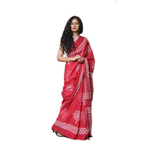 Kiaaron Womens Hand Block Kalamkari Batik Bagru Jaipuri Ikat Printed Handloom Pure Cotton Mulmul Traditional Ethnic Cotton Sarees With Printed Blouse Piece - Red