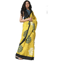 Kiaaron Womens Hand Block Kalamkari Batik Bagru Jaipuri Ikat Printed Handloom Pure Cotton Mulmul Traditional Ethnic Cotton Sarees With Printed Blouse Piece - Yellow