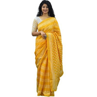 Kiaaron Womens Ikat Hand Block Print Jaipuri Cotton Mulmul Saree with Blouse Piece - Yellow_66