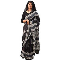 Kiaaron Womens Hand Block Kalamkari Batik Bagru Jaipuri Ikat Printed Handloom Pure Cotton Mulmul Traditional Ethnic Cotton Sarees With Printed Blouse Piece - Black_White