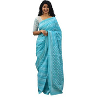 Kiaaron Womens Ikat Hand Block Print Jaipuri Cotton Mulmul Saree with Blouse Piece - Turquiose_69