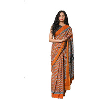 Kiaaron Womens Hand Block Kalamkari Batik Bagru Jaipuri Ikat Printed Handloom Pure Cotton Mulmul Traditional Ethnic Cotton Sarees With Printed Blouse Piece - Orange