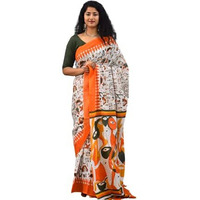 Kiaaron Womens Ikat Hand Block Print Jaipuri Cotton Mulmul Saree with Blouse Piece -Orange_Kia33