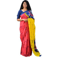 Kiaaron Womens Ikat Hand Block Print Jaipuri Cotton Mulmul Saree with Blouse Piece - Yellow_245