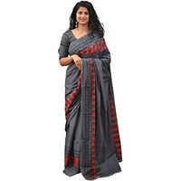 Kiaaron Womens Hand Block Kalamkari Batik Bagru Jaipuri Ikat Printed Handloom Pure Cotton Mulmul Traditional Ethnic Cotton Sarees With Printed Blouse Piece - Grey_Red
