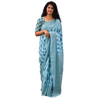 Kiaaron Womens Ikat Hand Block Print Jaipuri Cotton Mulmul Saree with Blouse Piece -Turquoise_Kia358