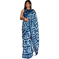 Kiaaron Womens Hand Block Kalamkari Batik Bagru Jaipuri Ikat Printed Handloom Pure Cotton Mulmul Traditional Ethnic Cotton Sarees With Printed Blouse Piece - Blue_White