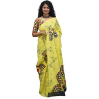 Kiaaron Womens Ikat Hand Block Print Jaipuri Cotton Mulmul Saree with Blouse Piece - Yellow_242