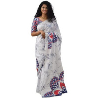 Kiaaron Womens Ikat Hand Block Print Jaipuri Cotton Mulmul Saree with Blouse Piece - White_246