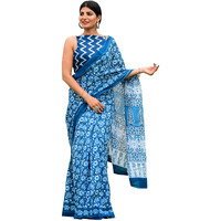 Kiaaron Womens Hand Block Kalamkari Batik Bagru Jaipuri Ikat Printed Handloom Pure Cotton Mulmul Traditional Ethnic Cotton Sarees With Printed Blouse Piece - Blue
