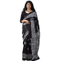 Kiaaron Womens Hand Block Kalamkari Batik Bagru Jaipuri Ikat Printed Handloom Pure Cotton Mulmul Traditional Ethnic Cotton Sarees With Printed Blouse Piece - Black