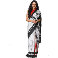 Kiaaron Womens Hand Block Kalamkari Batik Bagru Jaipuri Ikat Printed Handloom Pure Cotton Mulmul Traditional Ethnic Cotton Sarees With Printed Blouse Piece - Black_White