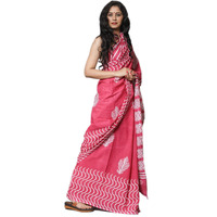 Kiaaron Womens Hand Block Kalamkari Batik Bagru Jaipuri Ikat Printed Handloom Pure Cotton Mulmul Traditional Ethnic Cotton Sarees With Printed Blouse Piece - Pink