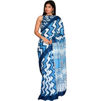 Kiaaron Womens Hand Block Kalamkari Batik Bagru Jaipuri Ikat Printed Handloom Pure Cotton Mulmul Traditional Ethnic Cotton Sarees With Printed Blouse Piece - Blue_White