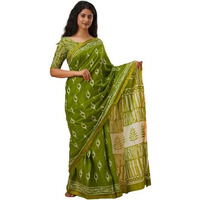 Kiaaron Handicrafts Womens Ikat Hand Block Print Jaipuri Cotton Mulmul Saree Zari Border with Blouse Piece_Green_12