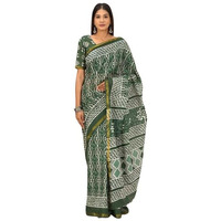 Kiaaron Handicrafts Womens Ikat Hand Block Print Jaipuri Cotton Mulmul Saree Zari Border with Blouse Piece_Green_39