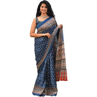 Kiaaron Womens Ikat Hand Block Print Jaipuri Cotton Mulmul Saree with Blouse Piece - Blue_423