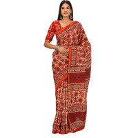 Kiaaron Handicrafts Womens Ikat Hand Block Print Jaipuri Cotton Mulmul Saree Zari Border with Blouse Piece_Red_38