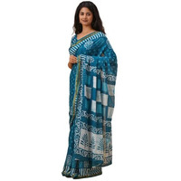 Kiaaron Handicrafts Womens Ikat Hand Block Print Jaipuri Cotton Mulmul Saree Zari Border with Blouse Piece_Blue_13