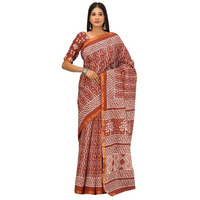 Kiaaron Handicrafts Womens Ikat Hand Block Print Jaipuri Cotton Mulmul Saree Zari Border with Blouse Piece_Red_40