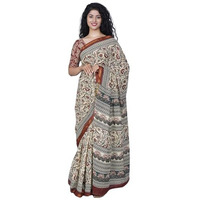 Kiaaron Handicrafts Womens Ikat Hand Block Print Jaipuri Cotton Mulmul Saree Zari Border with Blouse Piece_Cream_28
