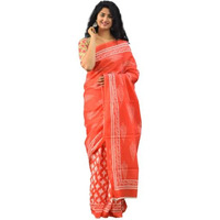 Kiaaron Womens Ikat Hand Block Print Jaipuri Cotton Mulmul Saree with Blouse Piece - Orange_374