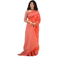 Kiaaron Womens Ikat Hand Block Print Jaipuri Cotton Mulmul Saree with Blouse Piece - Red_380