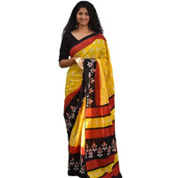 Kiaaron Womens Ikat Hand Block Print Jaipuri Cotton Mulmul Saree with Blouse Piece - Yellow_383