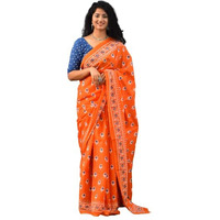 Kiaaron Womens Ikat Hand Block Print Jaipuri Cotton Mulmul Saree with Blouse Piece - Orange_376