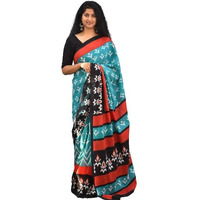 Kiaaron Womens Ikat Hand Block Print Jaipuri Cotton Mulmul Saree with Blouse Piece - Green_381