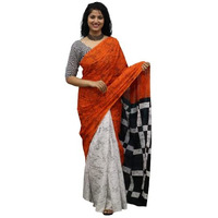 Kiaaron Womens Ikat Hand Block Print Jaipuri Cotton Mulmul Saree with Blouse Piece - Orange_372