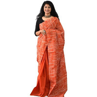 Kiaaron Womens Ikat Hand Block Print Jaipuri Cotton Mulmul Saree with Blouse Piece - Orange_280