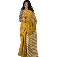 Kiaaron Womens Ikat Hand Block Print Jaipuri Cotton Mulmul Saree with Blouse Piece - Mustard_283