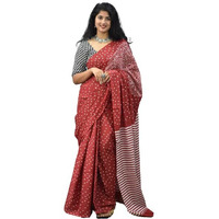 Kiaaron Womens Ikat Hand Block Print Jaipuri Cotton Mulmul Saree with Blouse Piece - Maroon_284