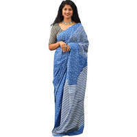 Kiaaron Womens Ikat Hand Block Print Jaipuri Cotton Mulmul Saree with Blouse Piece - Neavy Blue_285