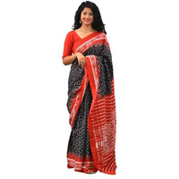 Kiaaron Womens Ikat Hand Block Print Jaipuri Cotton Mulmul Saree with Blouse Piece - Black_278