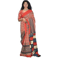 Kiaaron Womens Hand Block Kalamkari Batik Bagru Jaipuri Ikat Printed Handloom Pure Cotton Mulmul Traditional Ethnic Cotton Sarees With Printed Blouse Piece - Red