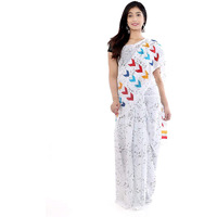 Kiaaron Womens Hand Block Kalamkari Batik Bagru Jaipuri Ikat Printed Handloom Pure Cotton Mulmul Traditional Ethnic Cotton Sarees With Printed Blouse Piece - White