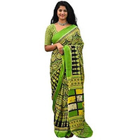 Kiaaron Womens Hand Block Kalamkari Batik Bagru Jaipuri Ikat Printed Handloom Pure Cotton Mulmul Traditional Ethnic Cotton Sarees With Printed Blouse Piece - Multicolor