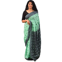Kiaaron Womens Ikat Hand Block Print Jaipuri Cotton Mulmul Saree with Blouse Piece - Green_236