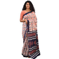 Kiaaron Womens Ikat Hand Block Print Jaipuri Cotton Mulmul Saree with Blouse Piece -Pink_Kia402