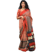 Kiaaron Womens Ikat Hand Block Print Jaipuri Cotton Mulmul Saree with Blouse Piece - Red_435