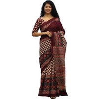 Kiaaron Womens Ikat Hand Block Print Jaipuri Cotton Mulmul Saree with Blouse Piece - Maroon_454